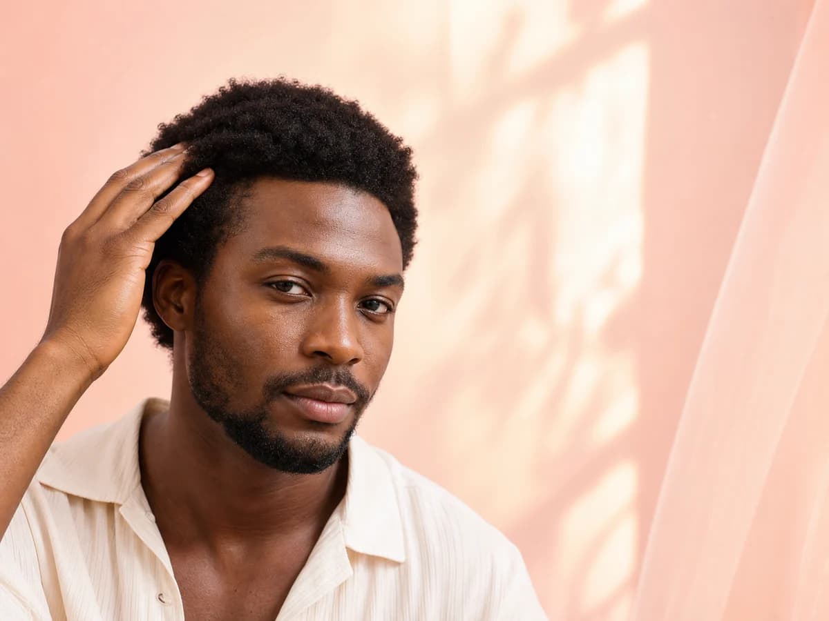 Man with natural hair touching his scalp in soft peach light