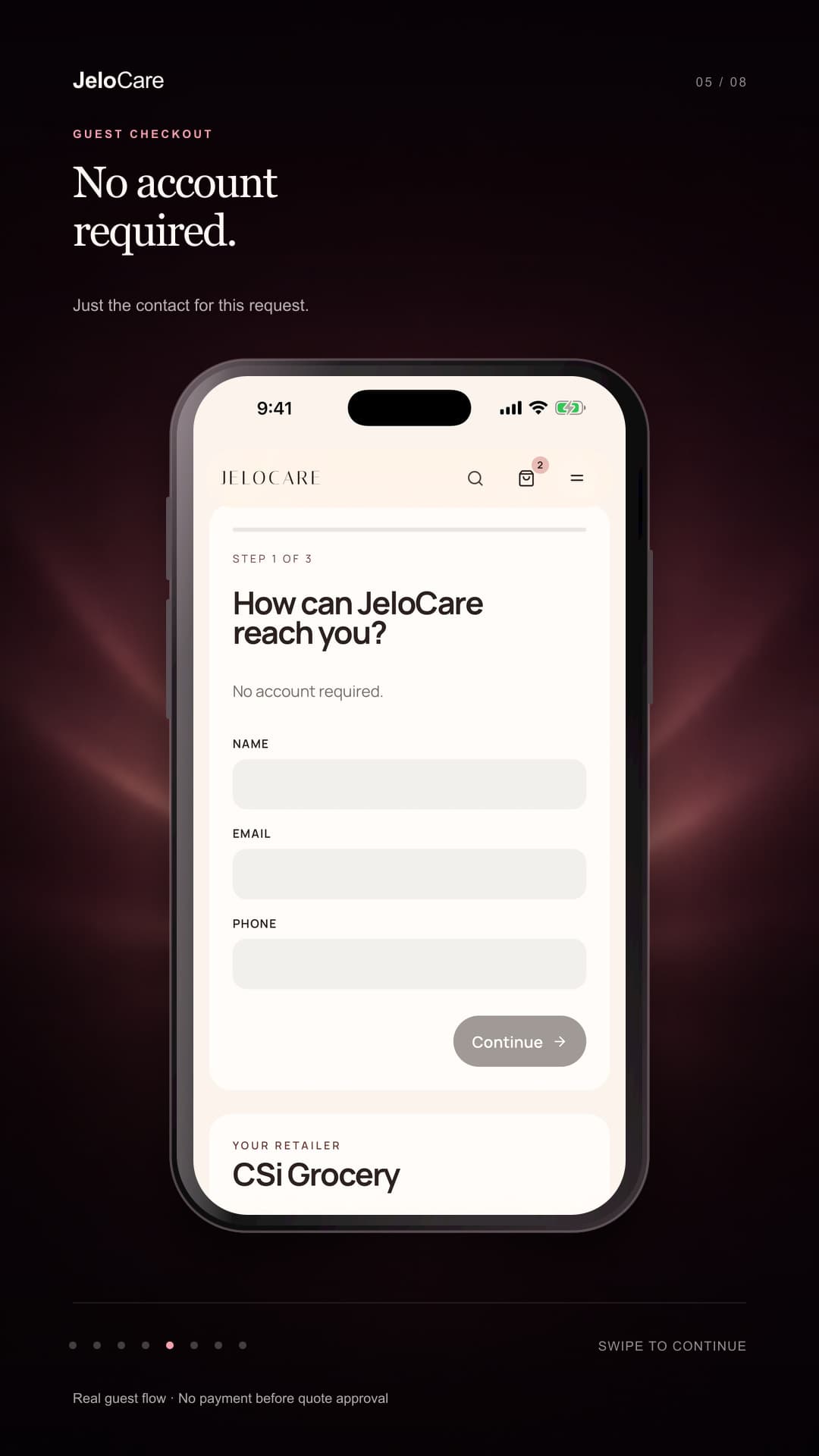 JeloCare order step five: enter contact details without creating an account.