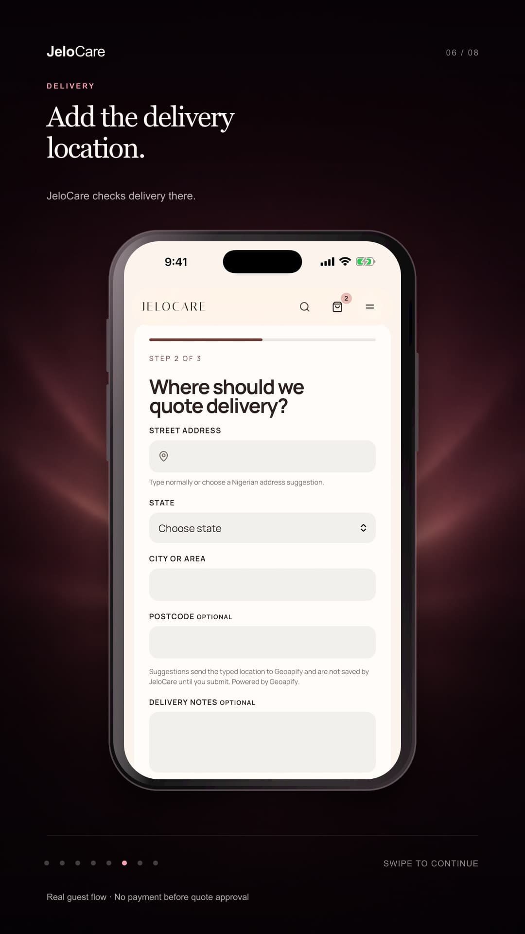JeloCare order step six: add the delivery location for the guest order.