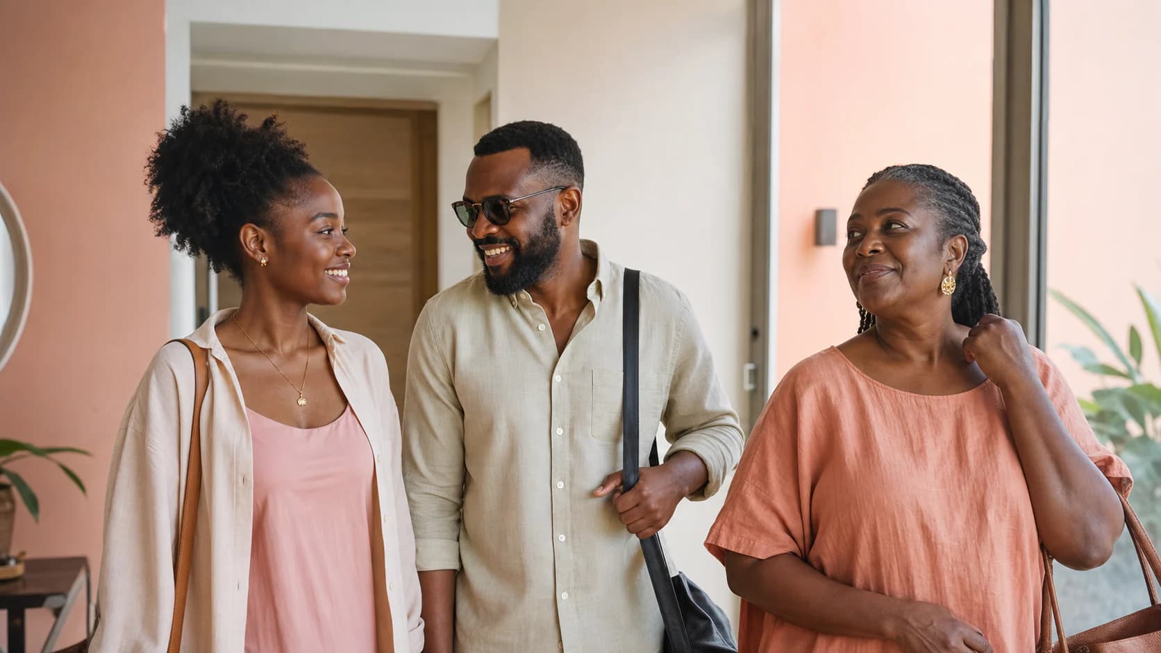 Three Nigerian adults of different ages sharing a relaxed moment