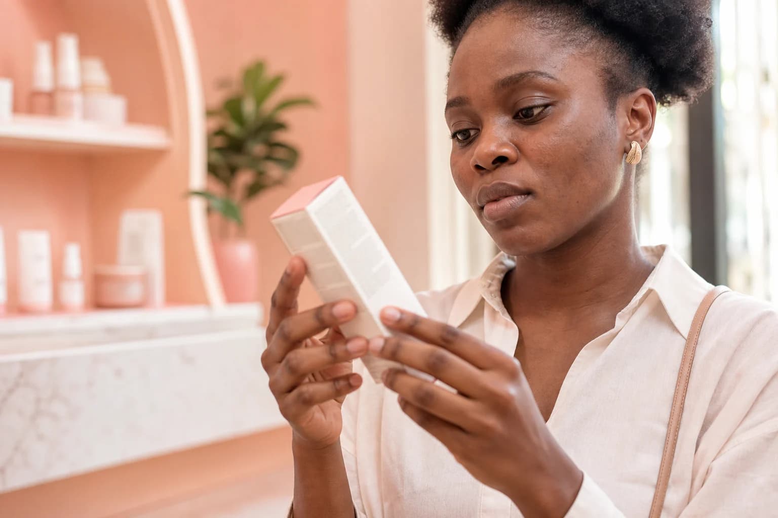 Nigerian shopper reading the back of an unbranded skincare carton